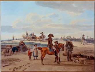 Rider, Peasants, and Cart in Front of a City