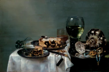 Breakfast Table with Blackberry Pie, painting by Willem Claesz Heda (1594-1680), 1631, dimensions 54 x 82 cm, Dresden State Art Collections, Dresden