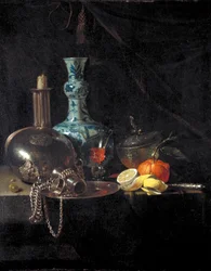 Still life with a pilgrim flask, candlestick, porcelain vase and fruit