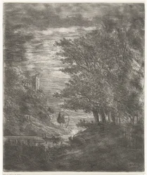 Hilly Landscape with Ruins and a Boat on Water by Moonlight
