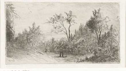 Hilly Landscape with Walkers and Dog by the Forest Edge