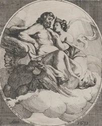 Jupiter and Juno seated on clouds, with an eagle holding thunderbolts below at left, 1631