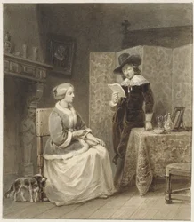 Historical Interior with Seated Woman and Standing, Reading Man