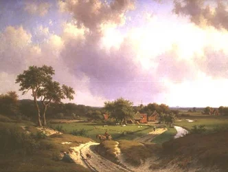 An Extensive Landscape with a Farm and Peasants on a Path
