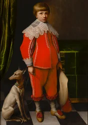Portrait of an Eight-Year-Old Boy with a Whippet on a Checkerboard Floor