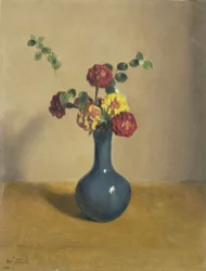 A Bouquet of Marigolds in a Blue Vase