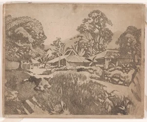 Houses in the Kampong with the Salak and Gedeh Volcanoes in the Background, Buitenzorg