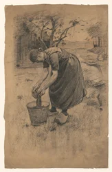 Woman Washing Laundry in a Bucket, in Front of a Farmhouse