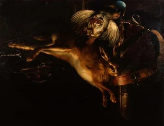 Still Life of a Hare, a Partridge and Hunting Equipment Hanging Above a Marble Ledge