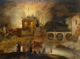 The Castel Sant Angelo, Rome, with Townsfolk Watching a Firework Display at Night