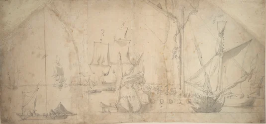 An English yacht at anchor furling sail