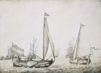 Two Dutch ships at the start, probably in the port of Amsterdam (Holland), circa 1660