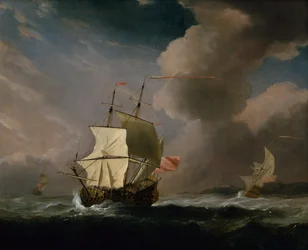 An English Two Decker in a Strong Wind with another Ship in the Background