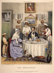 The Breakfast. A young married couple (an East India Company civil servant and his wife) breakfasting on fried fish, rice and Sylhet oranges, with servants in attendance