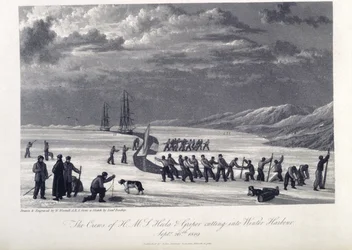 The crew of H.M.S. Hecla and Griper cutting into winter harbour, Sept. 26th 1819, illustration from 