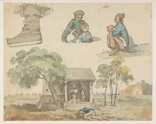 Figure studies and shrine, from an Album of 372 drawings of landscapes, coastlines, costumes and everyday life made during Lord Macartney