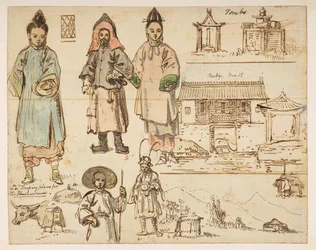 Figure Studies and Buildings Including Tombs, Bridge Nov 15 and Sleeping Places for Husbandmen, from an Album of 372 Drawings of Landscapes, Coastlines, Costumes and Everyday Life