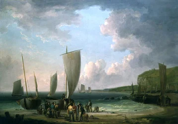 A coastal landscape with fishermen unloading