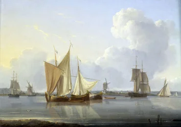 Arrival in Limehouse, London, various boats on the Thames and a mill on the bank, and on the right the Greenwich Hospital