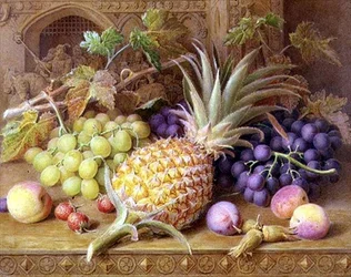 A Still Life of a Pineapple, Grapes, Peaches, Strawberries and Hazelnuts on a Dresser