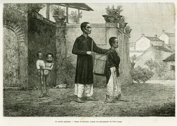A walking wizard, a blind masseur. Engraving by Barbotin, to illustrate the story Trente mois au Tonkin, in 1884, by Doctor Paul Hocquard, in le tour du monde 1890, under the direction of Edouard Charton