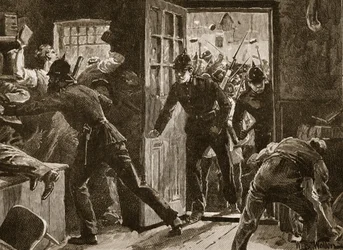Fight at Ennis between National Leaguers and Police, 1886, illustration from 