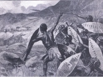 Fighting in the Matoppo Hills: charge of the Matabele, illustration from Cassell