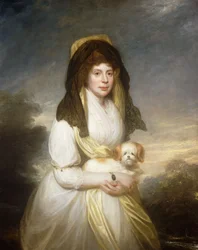 Portrait of Queen Charlotte, Three-Quarter Length, in a White Dress, a Yellow Shawl and Black Mantilla, Holding a Maltese Dog, in the Grounds of Frogmore House