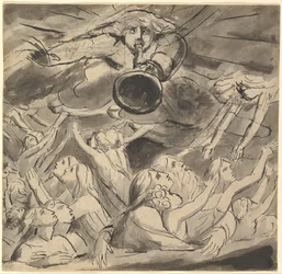 The Last Trumpet (recto); Two studies of a right eye, a profile of an open-mouthed young man, the head of an eagle, and the head of a lion (verso)