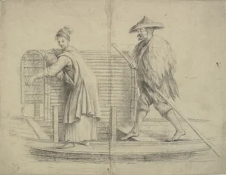 Chinese Scene: Man and Woman on a River Boat