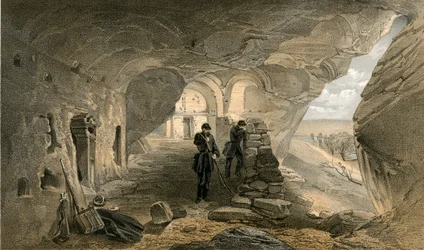 Excavated church in the caverns at Inkermann, looking west