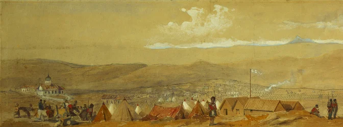 The Crimea: Panoramic View of Sebastopol Showing the Military Encampments and the Harbour; and a Panoramic View of Inkerman Showing a Military Encampment and Cavalry at Dawn