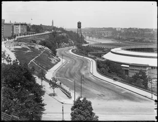 High-angle View of Harlem River Drive Running Past the Polo Grounds, New York City