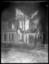 Prescott Cottage fire at night, Inwood Hill, 1914