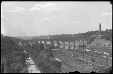 View of the Harlem River, High Bridge, and Highbridge Tower