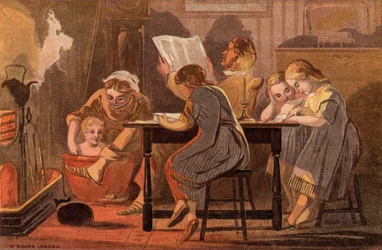 Saturday Night: a family reading and entertaining themselves in the evening