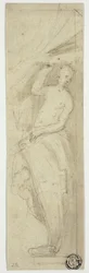 Female Figure Pulling Aside Curtain