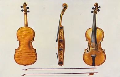 Musical instruments: Violin, the Hellier Stradivarius, and two old bows noted for the fluting