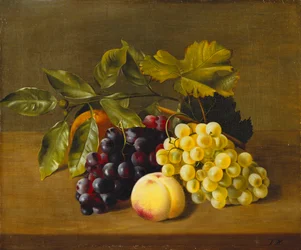 A Peach, an Orange and Grapes on a Wooden Ledge