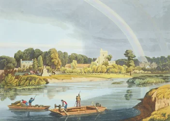 Staines Church with City Stone on Banks of the River, Engraved by Robert Havell the Younger