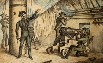 Marine riflemen in action on board an unidentified warship, c.1835
