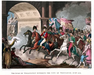 The Duke of Wellington (1769-1852) entering the city of Toulouse in 1814, illustration for a narrative poem by Dr. Syntax, published 1818