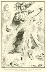 Petruchio, pretending to find fault with every dish, threw the meat about the floor