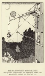 The Multi-movement Tabby Silencer, this apparatus can be operated from the bedroom window and is guaranteed to reach any part of the back yard