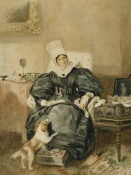 Portrait of a lady by a table with a dog