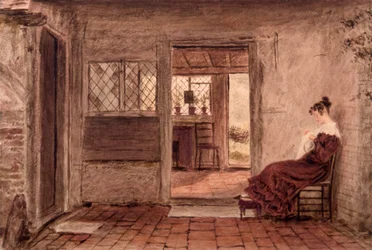 Cottage interior with girl sewing