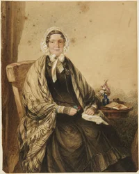 Portrait of a seated woman wearing a shawl