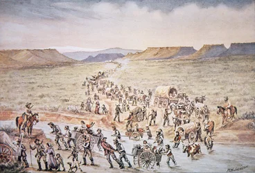 Mormon handcart pioneers heading West to Utah in 1850