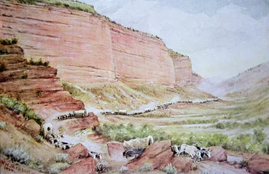 Mormon wagon train passing though Echo Canyon, east of Salt Lake City, Utah