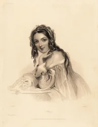 Portrait of Amy. Beauty wearing a veil over long hair, ermine-trim off-the-shoulder dress, holding a pearl necklace. Steel stipple engraving by William Henry Mote after an illustration by John Hayter from Charles Heath’s English Pearls, or Portraits for th